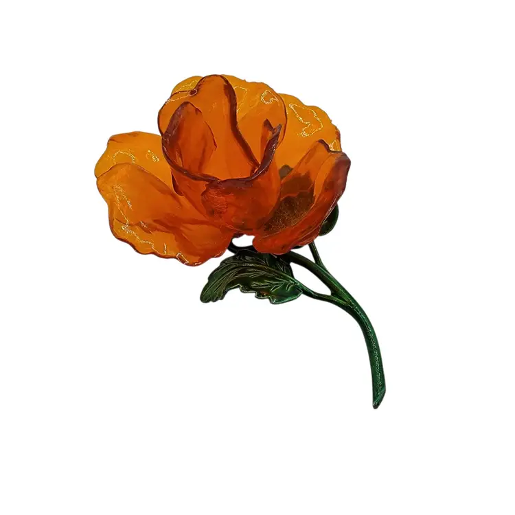 Vintage 1960s Orange Cellulose Acetate Flower Brooch With Green Enamel Stem