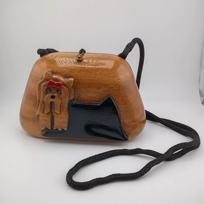 Handcarved and lacquered Timmy Woods yorkie box purse
