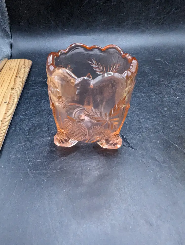 VINTAGE  PINK GLASS INVERTED STRAWBERRY TOOTHPICK HOLDER - FOOTED