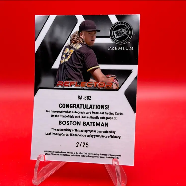 Boston Bateman/Dylan Crews Error Card 2024 Leaf Press Pass Reflector Auto 2/25