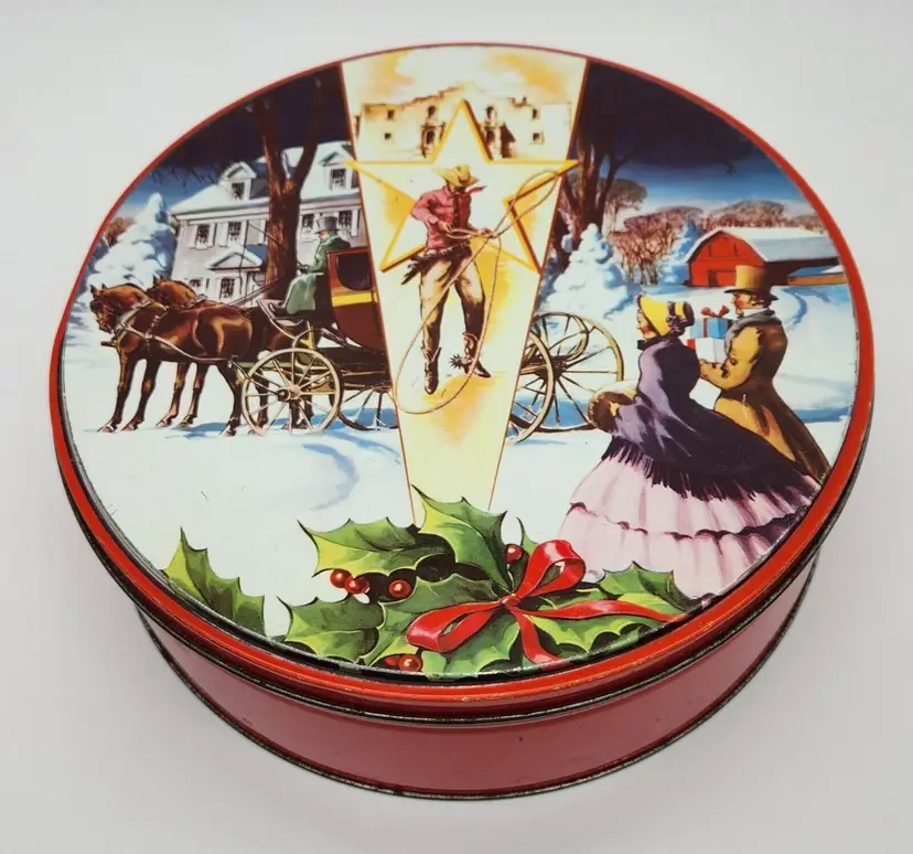 Vintage Deluxe Fruitcake Christmas Tin Winter Scene & Cowboy Round 9?" x 3"H