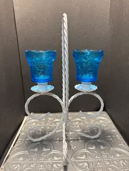 Vintage White Twisted Metal Candelabra with 2 Daisies Electric Blue Glass Holders