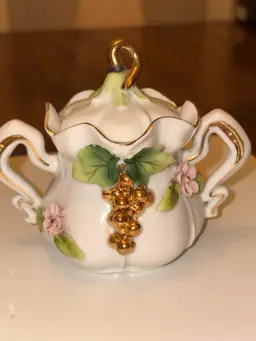 Vintage Japan Porcelain Applied Floral & Fruit Miniature Sugar Bowl