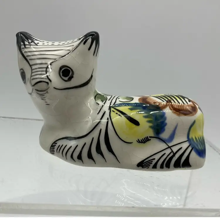 Vintage Pottery Cat w/Stripes & Brown Flower