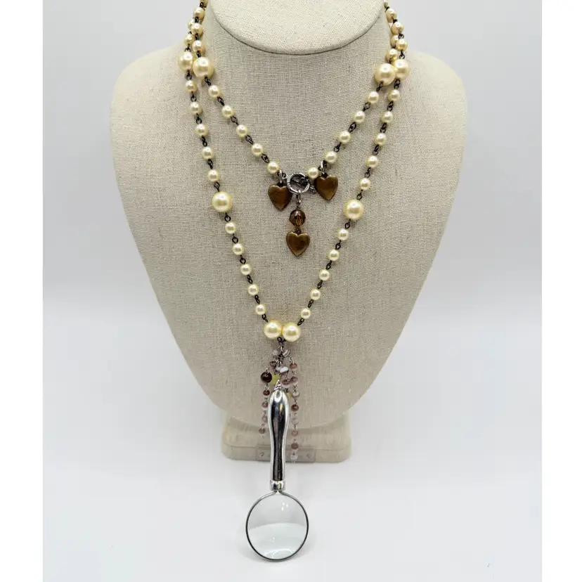 Made By Me- Upcycled Jewelry-  36” Vintage Magnifying Glass Faux Glass Pearl And Natural Stone Necklace
