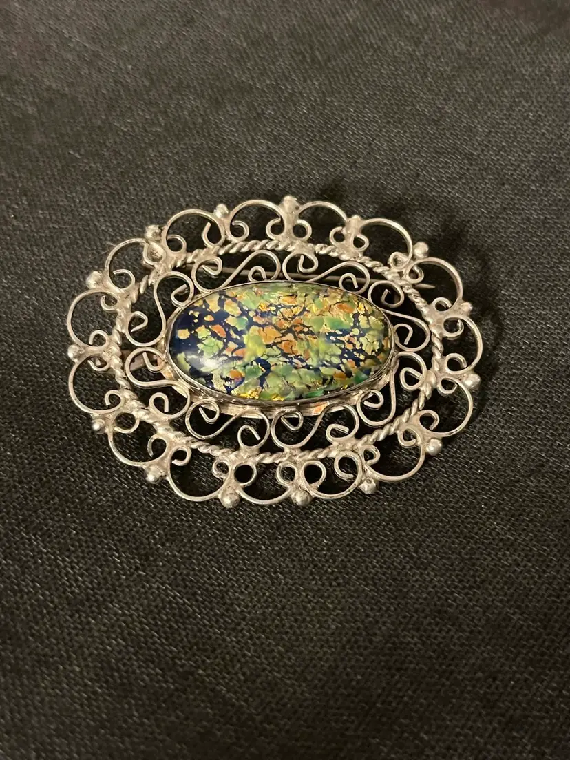 Vintage Mexico Sterling Silver Art Glass Brooch Pendant Signed Joymex