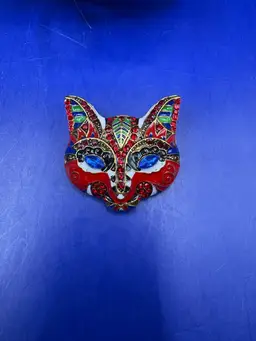 Rhinestone And Cloisonné Cat Face Brooch