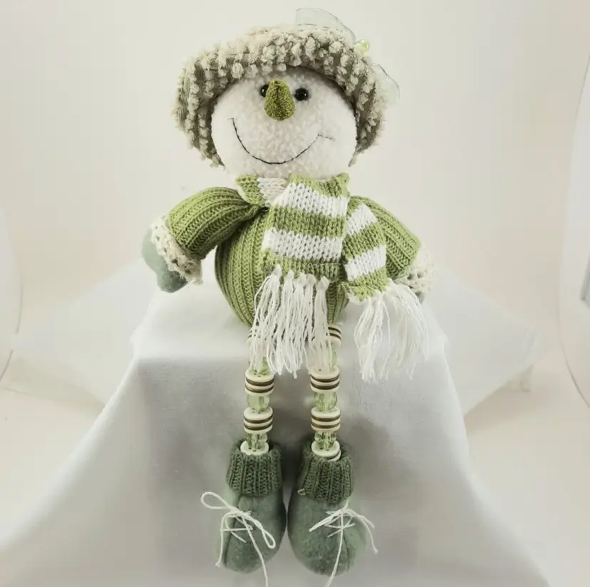 Plush Snowman Shelf Sitter Green & White Scarf Hat Boots Beaded Legs