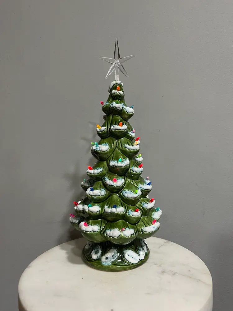 Vintage Green Snow Flocked Ceramic Christmas Tree Colorful Small Bulbs 10” Tall