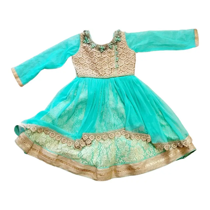 Beautiful Turquoise Blue And Gold Girls Dress Hand Embroidered Front Net Sleeves