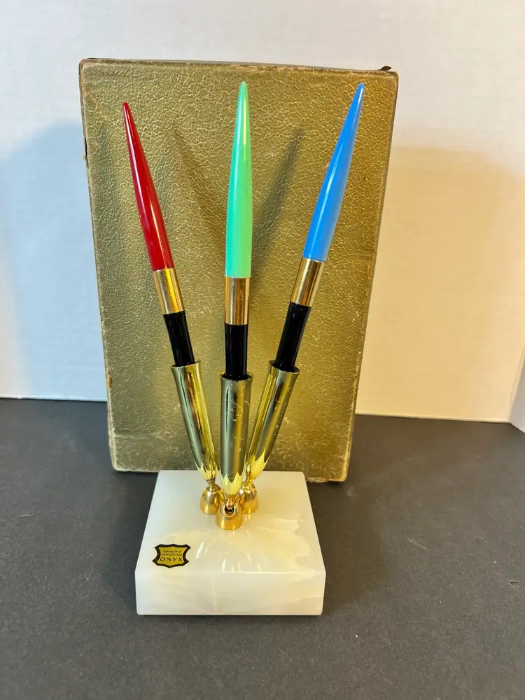 Vintage MCM Genuine Onyx TRIPLE Pen Desk Set Gift Set Colorful Original Box Vtg