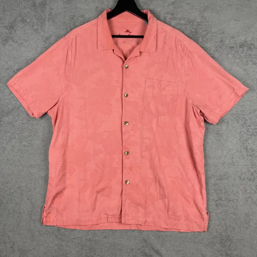 Tommy Bahama Shirt Mens XL Pink 100% Silk Jacquard Floral Hawaiian Camp