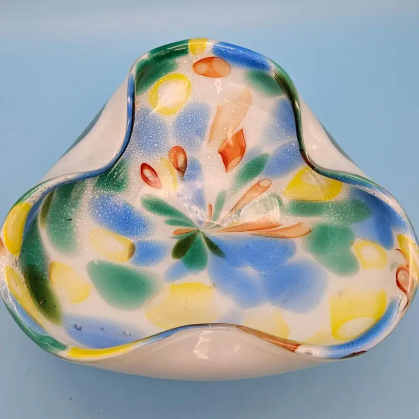 Aureliano Toso Murano Mid Century Art Glass Bowl Soft Colors W/Silver Flake Dish