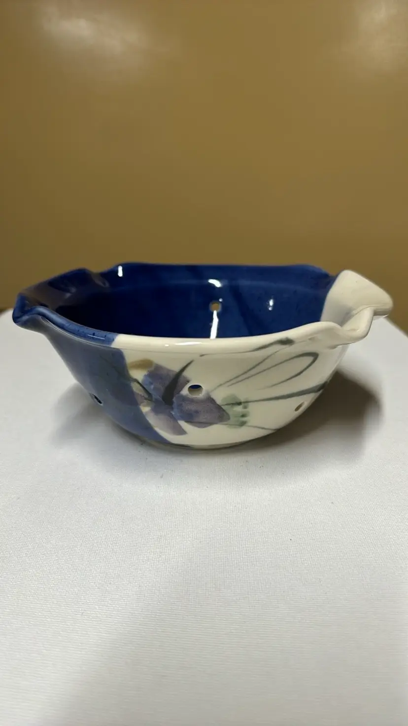 Follette Pottery berry bowl strainer cream blue and purple signed 8” diameter