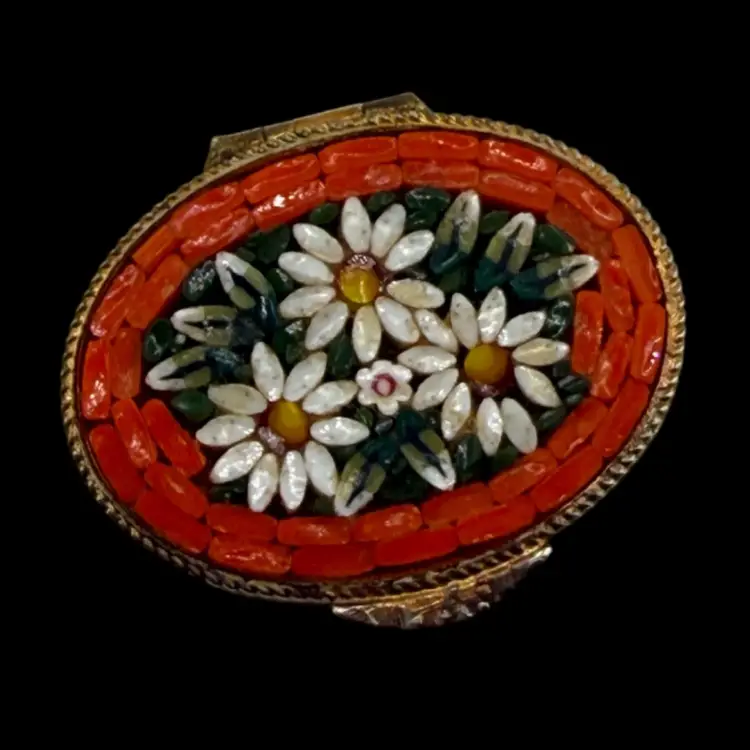 Micro Mosaic Floral Flowers Orange Gold Mini Box Marked Italy 1 1/4"