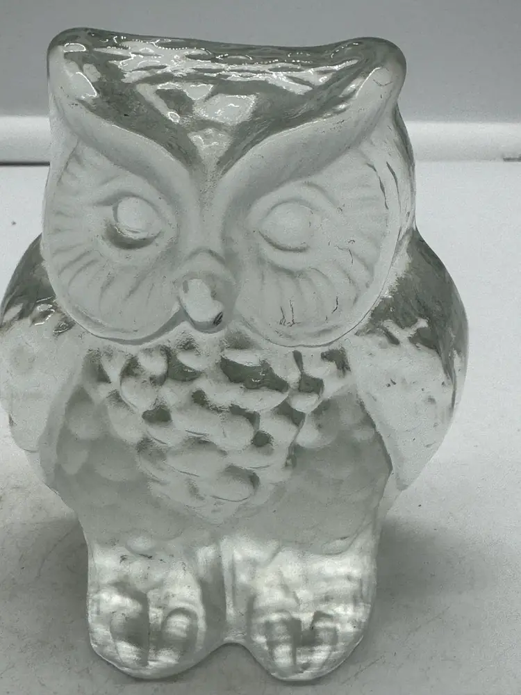 Vintage Frosted And Clear Glass Owl Paperweight 