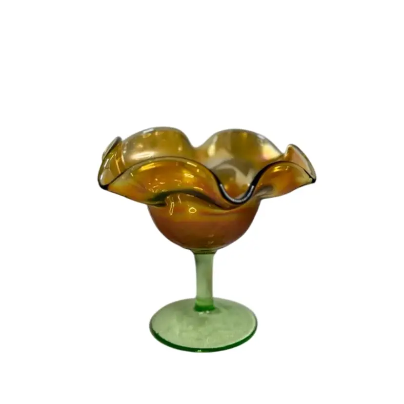 Fenton Berry Bowl Compote Ruffled Edge Marigold Carnival Glass Green Stem  READ
5-1/4” T x 4-1/2” W