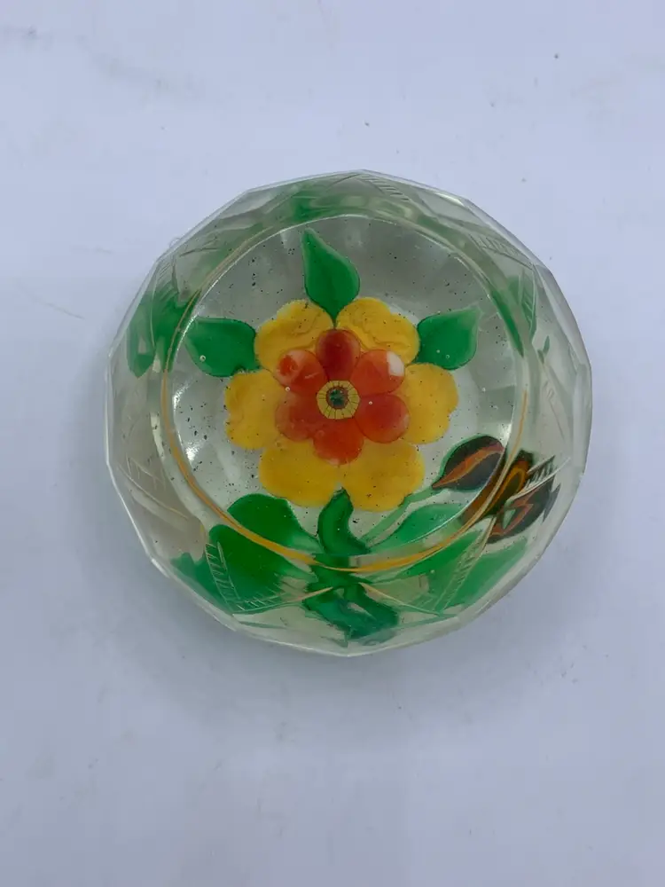 Early Chinese Glass Faceted Yellow Flowers Etched Paperweight 3” Circa 1920-40s