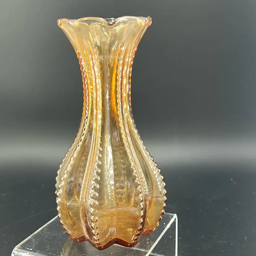 Vintage Amber, Art Glass vase With Scalloped Rim