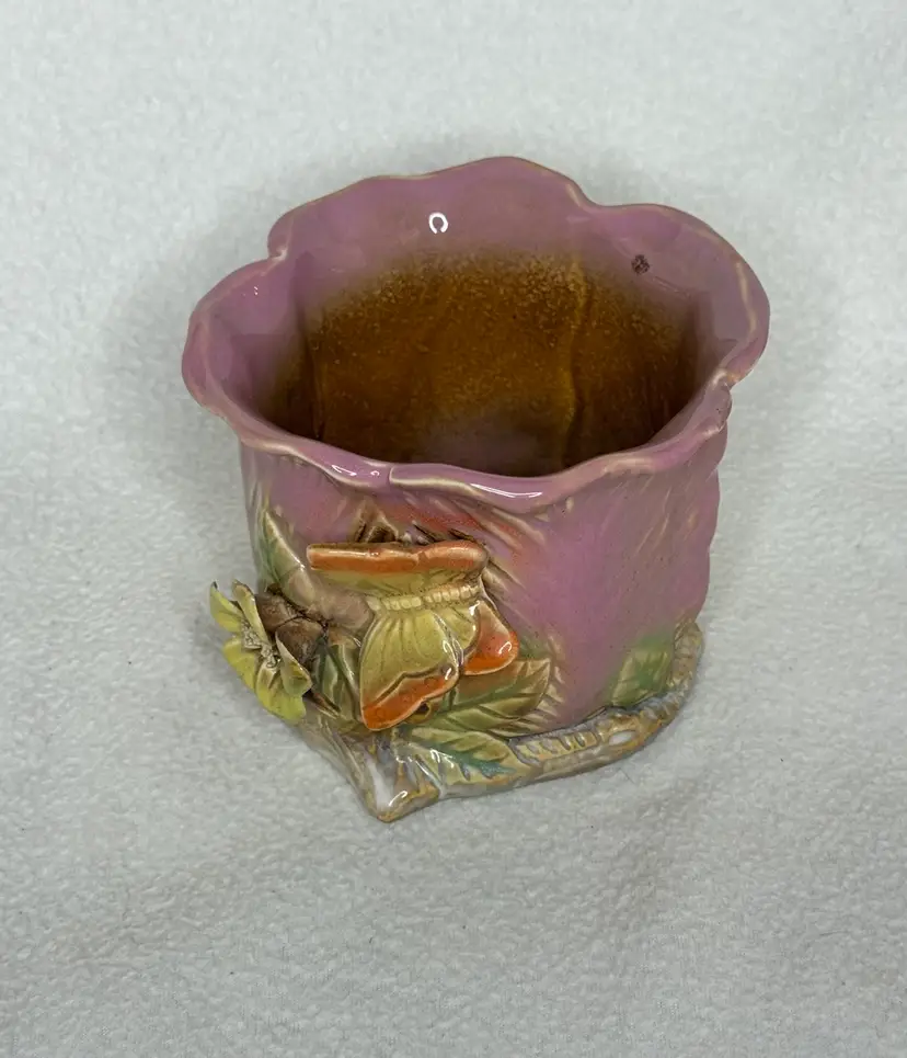 Pink Glazed Pottery Vase/Planter w/Butterfly Flower-Petal Shaped 4"