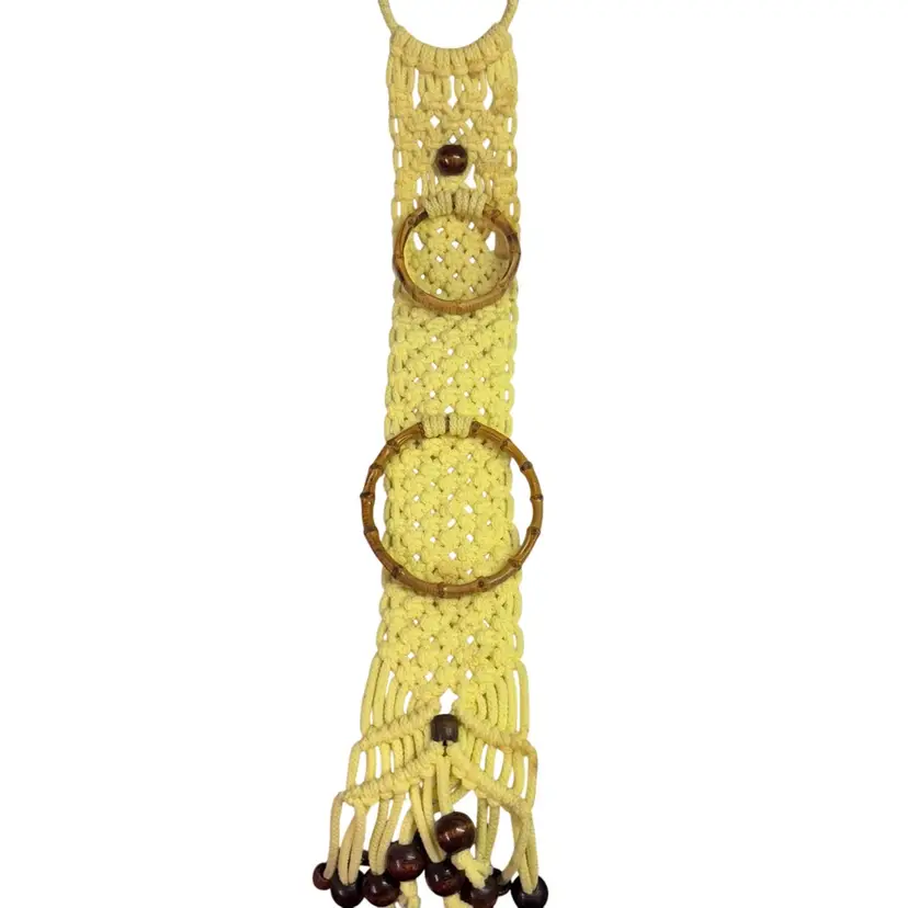 Vintage Macrame Yellow Towel Holder With Wood Beads & Bamboo Hoops 30”