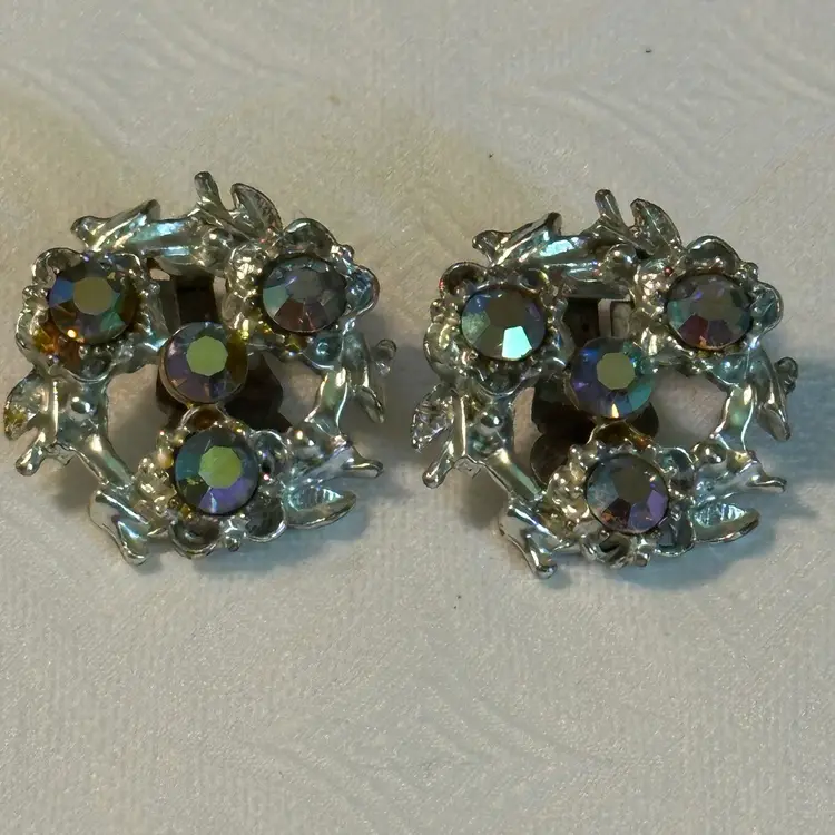 Vintage Silver Tone Leaf Clip Earrings With Aurora Borealis Accents