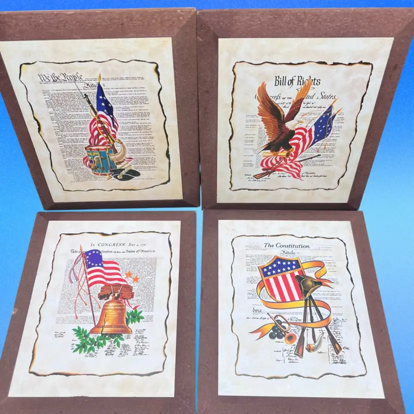 #165A Set Of 4 Vintage Patriotic Americana Wood Plaques Depicting The Founding Documents For The USA 🇺🇸 And Our Symbols Of Freedom