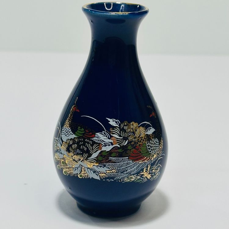 #1157 Vintage, Cobalt Blue, Mini Bud Vase, Gold Trim Pheasant 4” Bud Vase