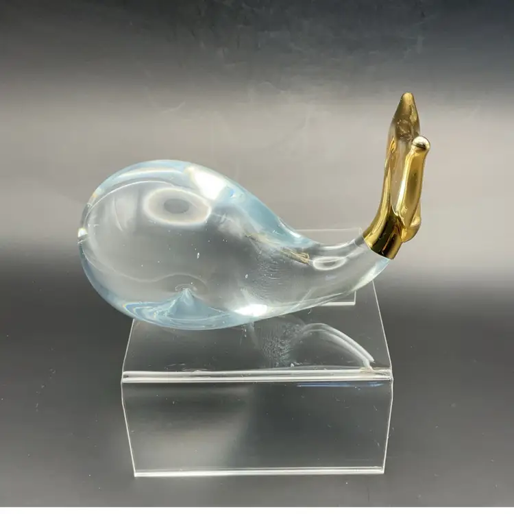 Art Glass Whale Figurine Paperweight Clear With Gold Trim Overlay 2.5 in Tall