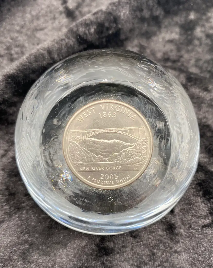 Appalachian Glass, Art Glass Paperweight w/WV Quarter, "New River Gorge", 2005