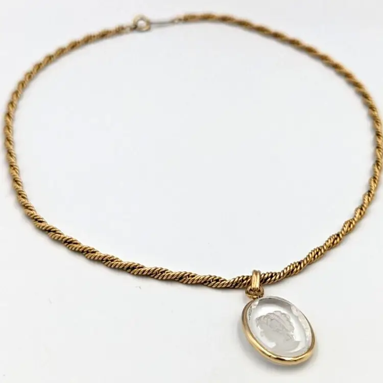 12K Gold Filled Fancy Twist Chain Clear Glass Intaglio Pendant Vintage 14"