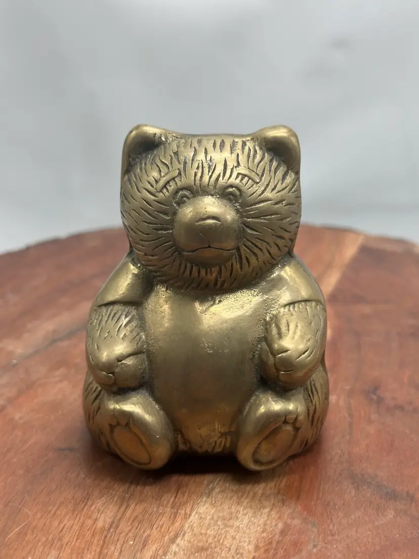 Vintage Brass Teddy Bear Sitting Paperweight Shelf Sitter