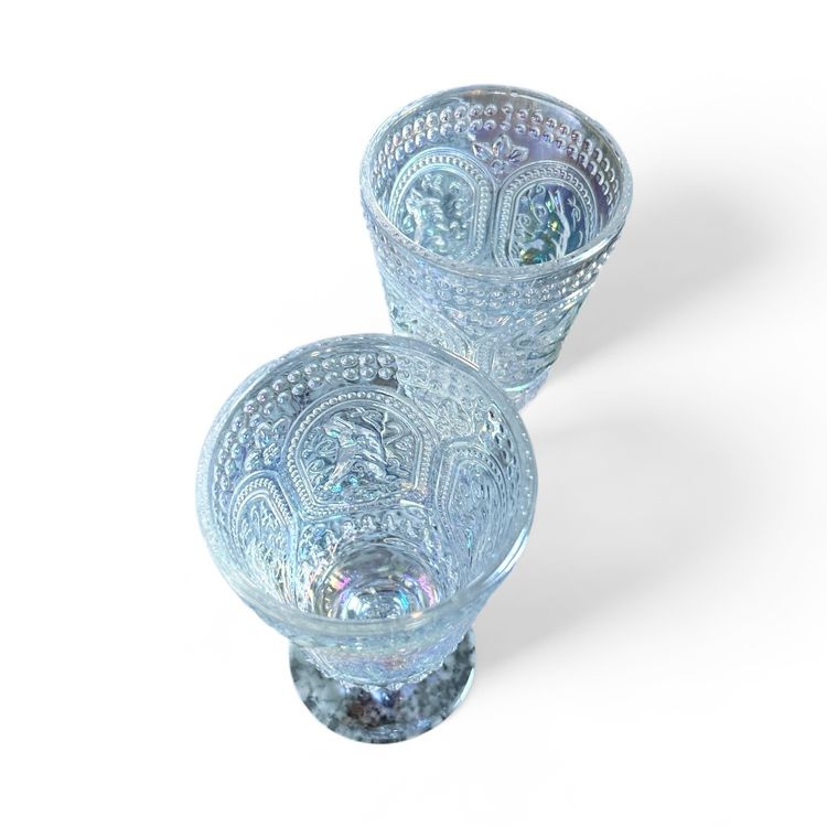 2 Iridescent Hobnail Glass Goblets with Bunny Design