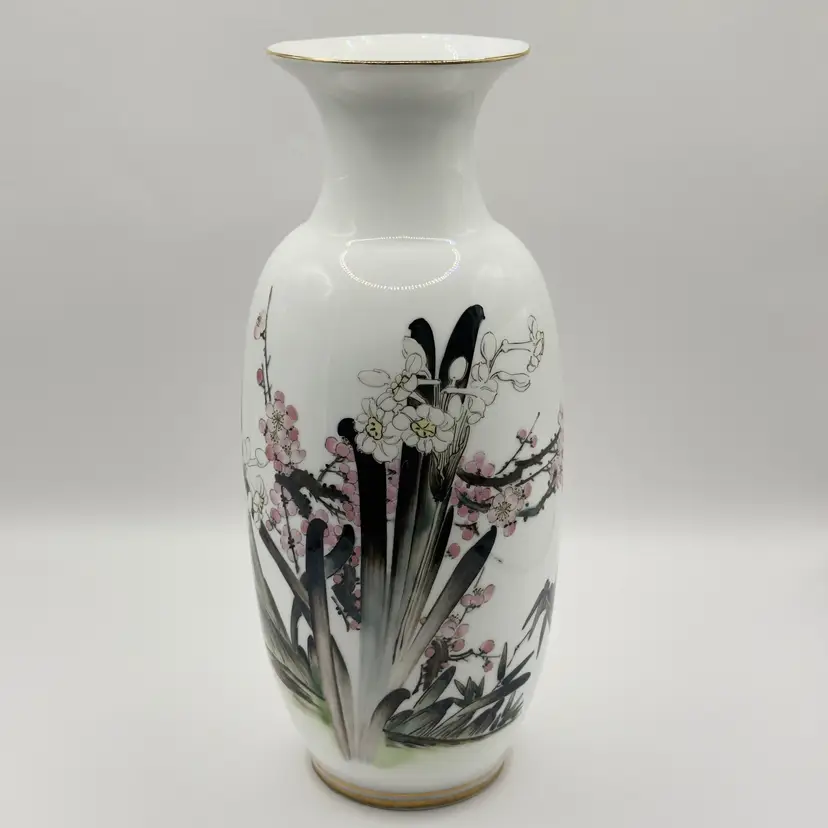 Vintage Antique Elegant Etched Floral Porcelain Vase, Hand-Painted Orchid Design, Unbranded, Made in China