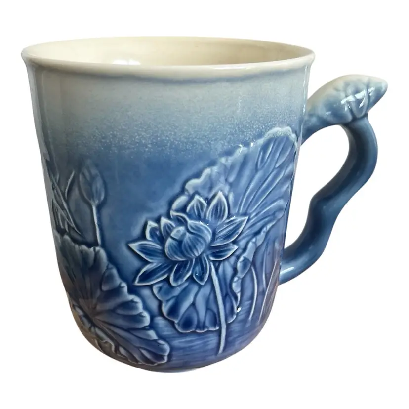 Blue & White Lotus Flower Water Lily Coffee Mug Embellished Handle