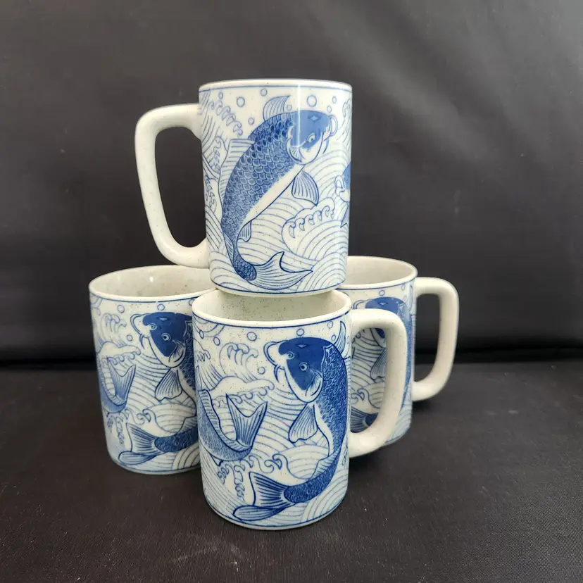 Set of 4 Blue & White Koi Fish Coffee Mugs by Otagiri MCM Stoneware Vintage 1970s Speckled Asian Design - Japan