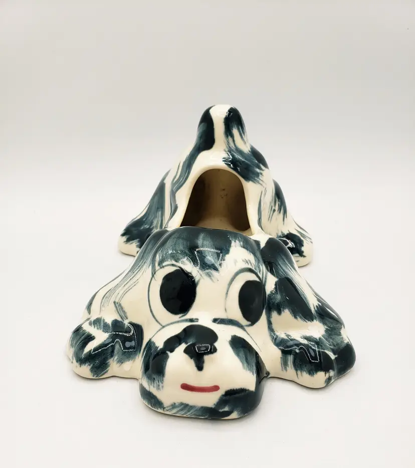 Vintage N.S. Co. Studio Art Pottery Playful Puppy Dog Planter Kemble's Iowa 7". Adorable puppy dog planter! Made by N.S. Co. and sold by Kemble's Flowers in Oskaloosa, IA. He measures 7" long.