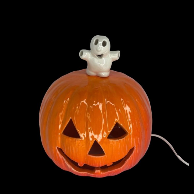 Vtg Kitschy Halloween Light Up Ceramic Ghost On Pumpkin Jack O Lantern 9” H Lamp