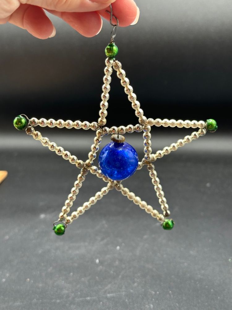 Vintage Mercury Glass Star Christmas Ornament 1970 1980 Victorian Style Czech Art Deco Bead Blue Silver Green