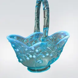 Vintage Fenton blue opalescent "Lily of the Valley" glass basket with Applied Glass bamboo Style handle. 1970’s, 6” Wide Stamped Bottom