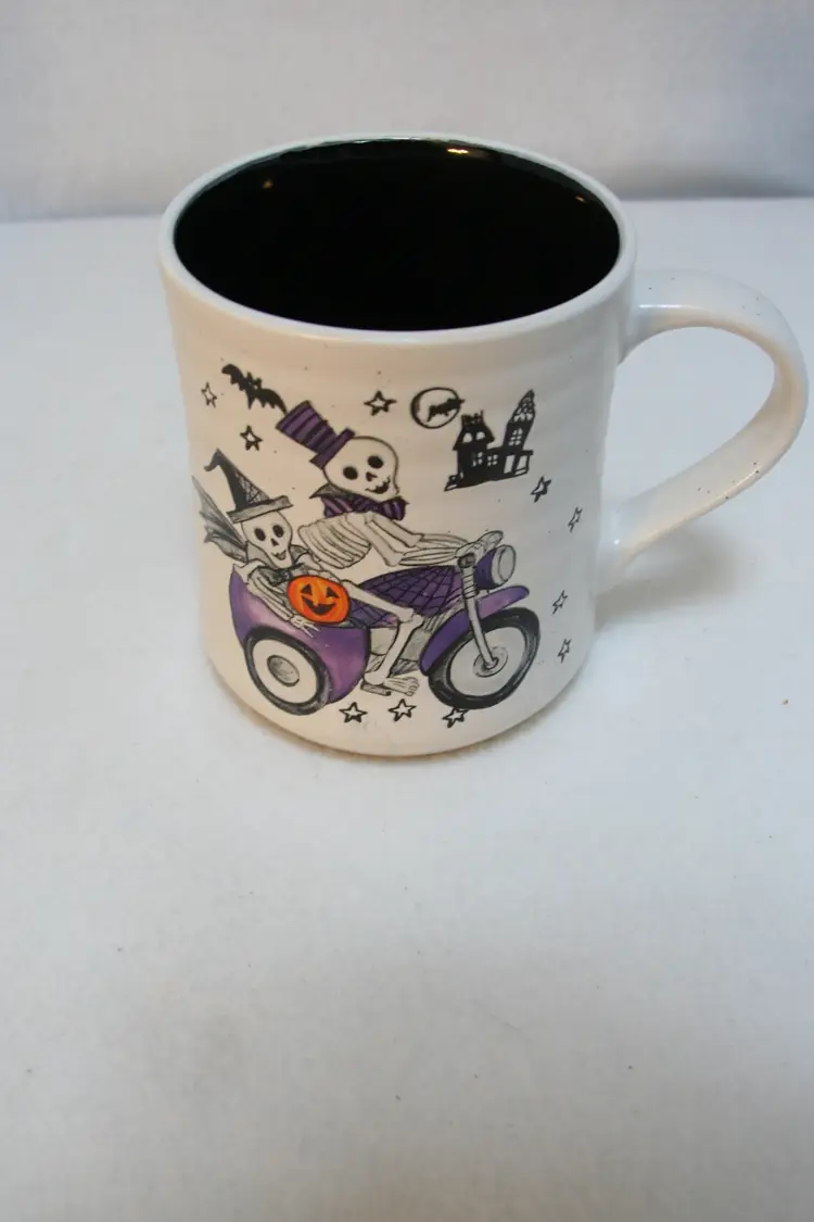 Cobwebs & Cauldrons Halloween Skeletons Purple Motorcycle Coffee Tea Cup Mug
