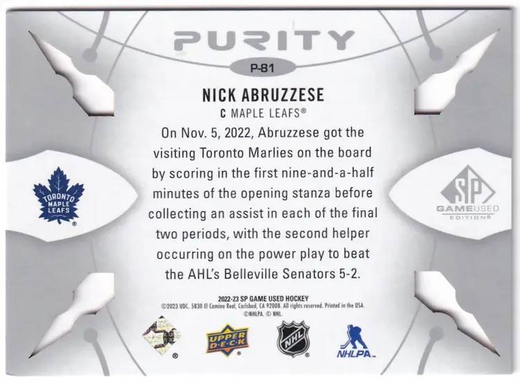 2022-23 SP Game Used Purity #P81 Nick Abruzzese Toronto Maple Leafs Hockey Card