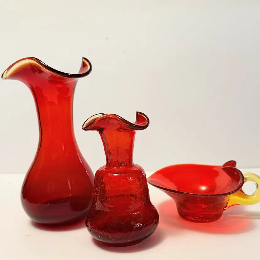 3 Vintage Blenko Amberina Red Tangerine Yellow  Glass Vases & Bon Bon Bowl