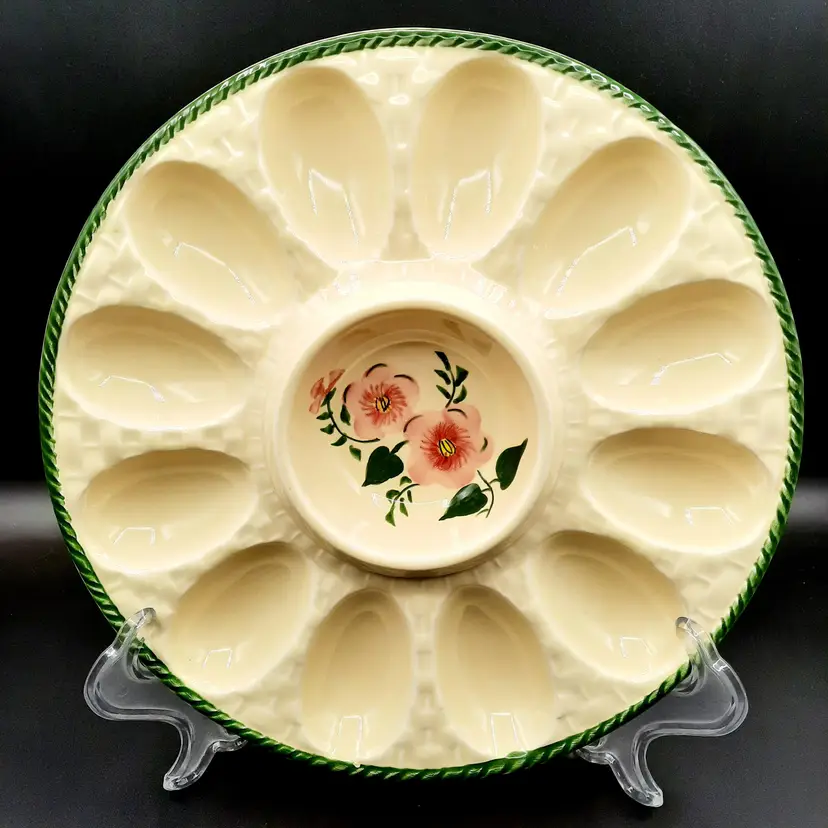 Vintage Secla Portugal Deviled Egg Plate Floral Center Cream Basketweave Green Trim