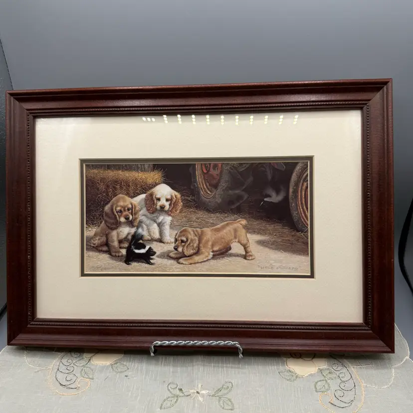 Vintage "The Little Stinkers" Framed Puppy Print by Jim Lamb 15x11”