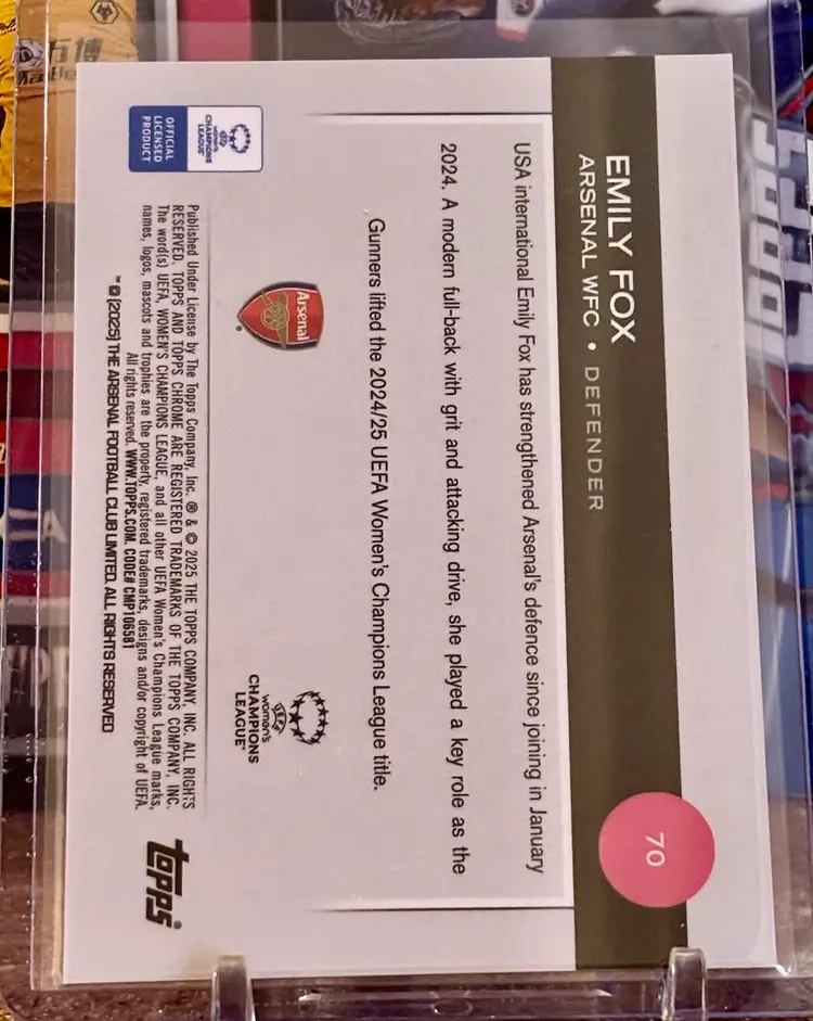 Emily Fox 2024/25 Topps Chrome UWCL Pink Wave/250 Arsenal USA Soccer Card