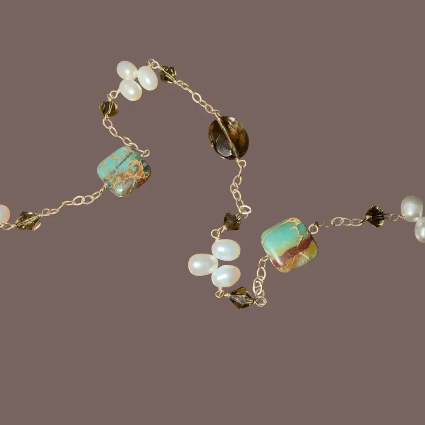 Vintage Aqua Terra Jasper Freshwater Pearl Necklace Sterling Silver Glass Beads 40”