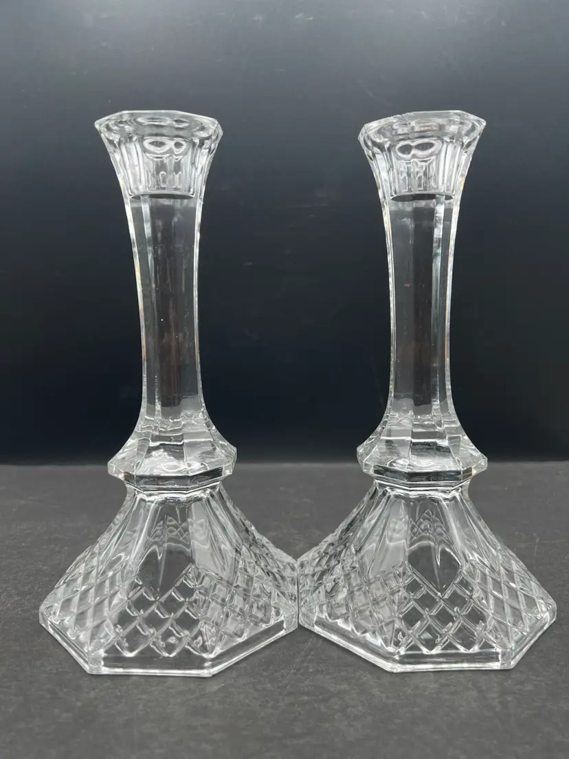 #455B Vintage Pair Of Glass/Crystal 7 3/4” Candlesticks. 8 Prisms On A Hexagon Shaped Base With Diamond Cut Pattern