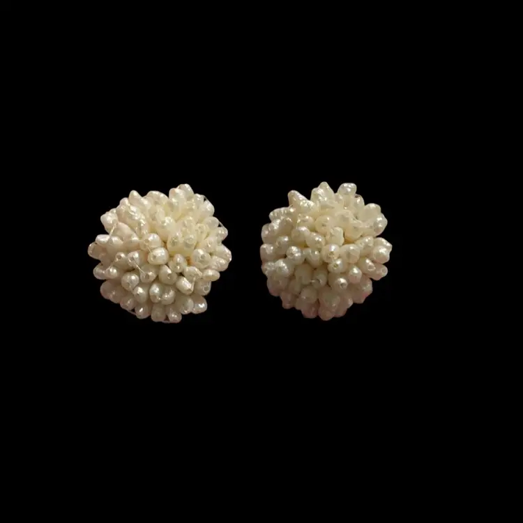 Vintage Silverstone  Off White Round Cluster Seed Beaded  Pearls ~ Clip Earrings.