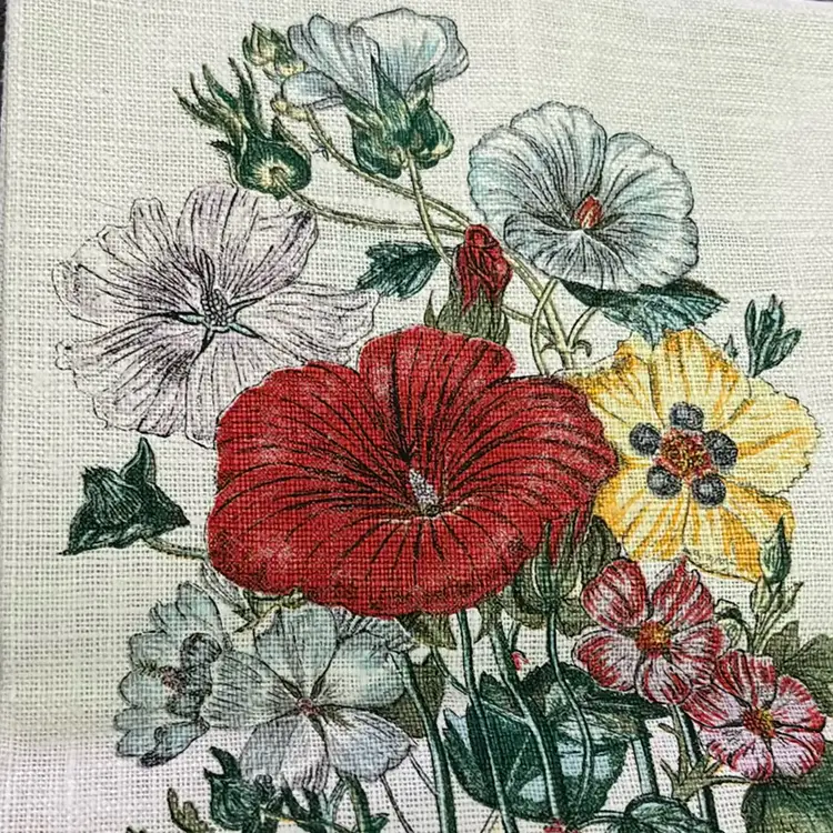 Vintage Linen Kitchen Tea Hand Towel Printed with Poppy's Pansy's & other Flowers ~ Colorful and Beautiful Excellent Cond. 26"x 16"